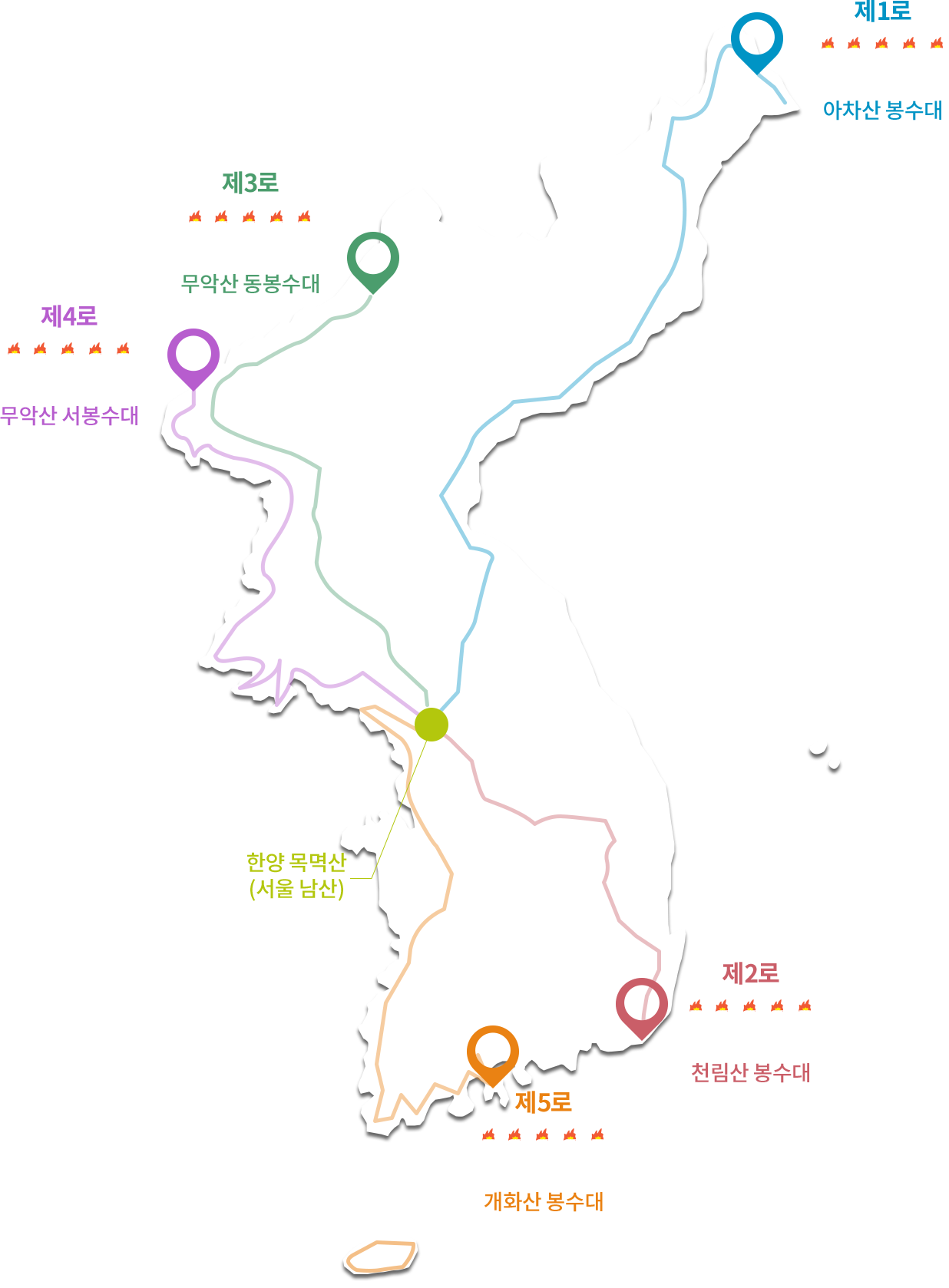 조선시대 5대 봉수로 위치 지도